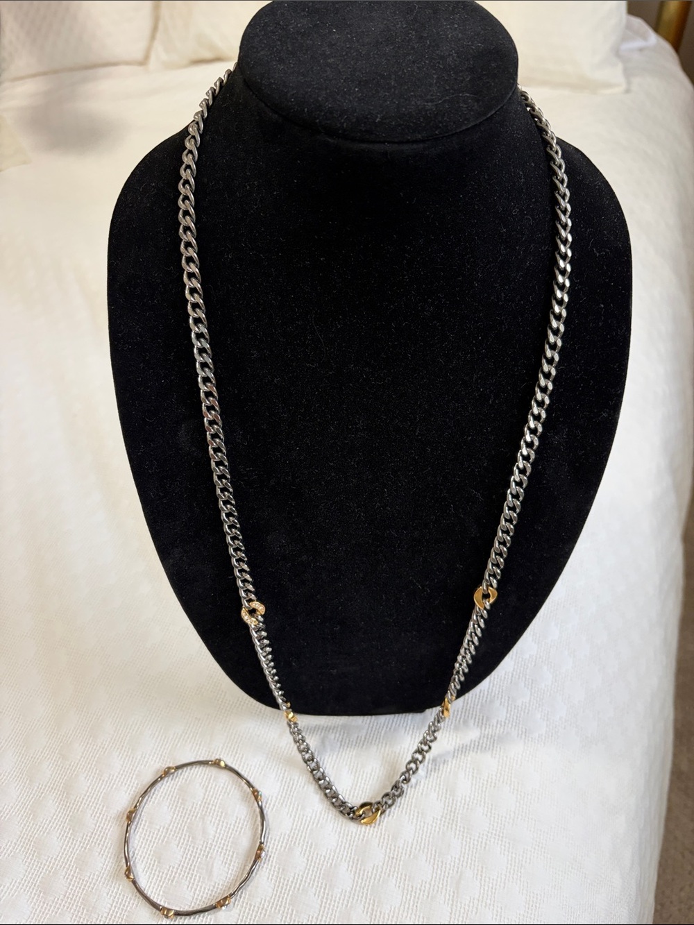 Hematite Link Necklace Two-Tone Silver and Gold Chain Necklace and Bracelet Set